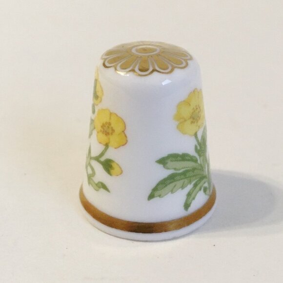 Floral Spode Thimble Vintage Fine Bone China England Yellow Flowers Green Leaves - Picture 2 of 6